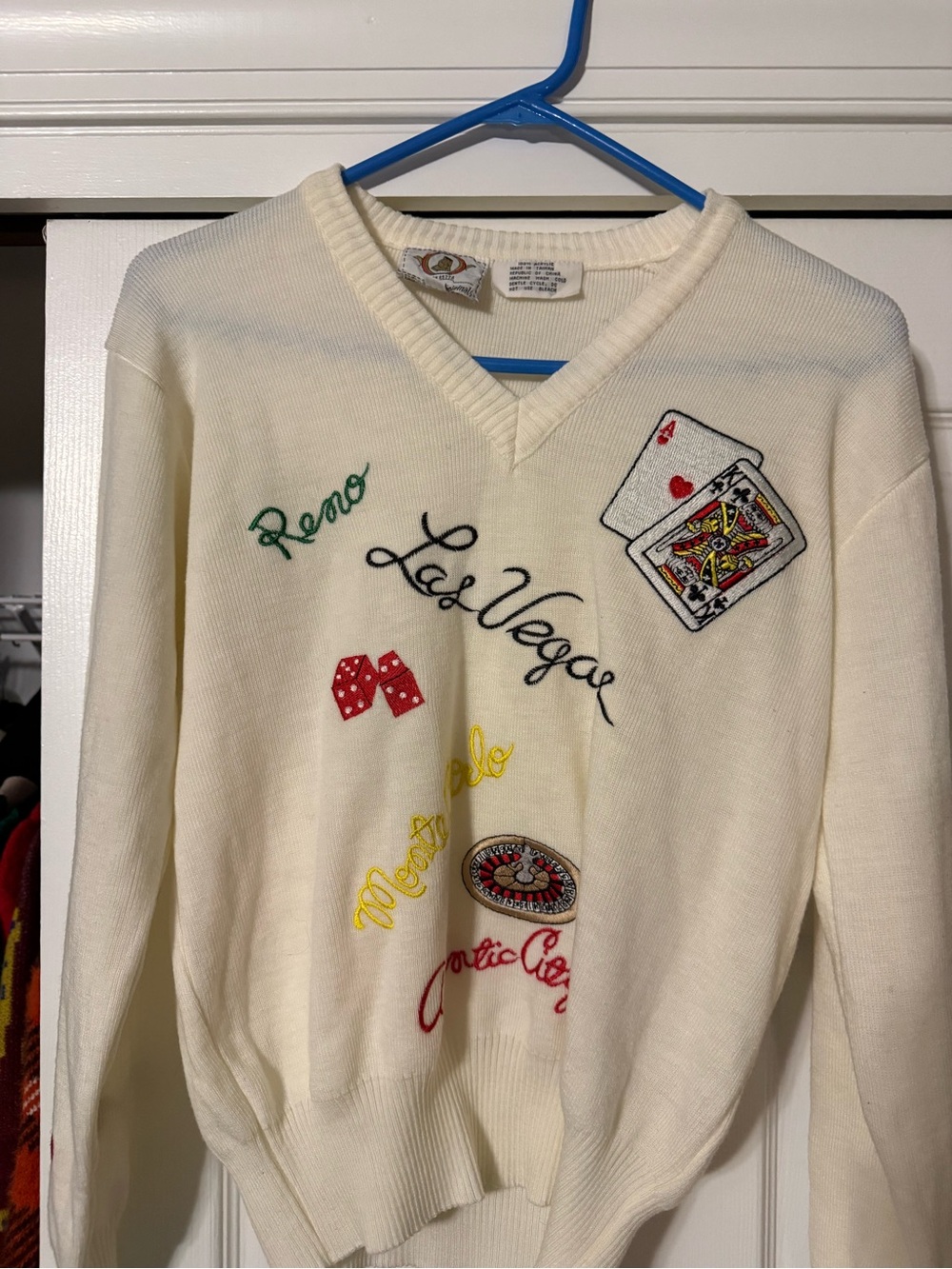 Vintage Embroidered Las Vegas Casino V-Neck Sweater - Cream